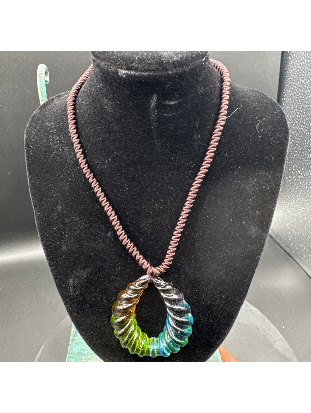 Handmade Macrame Necklace with Large Multicolor Glass Bead Boho Chic Statement